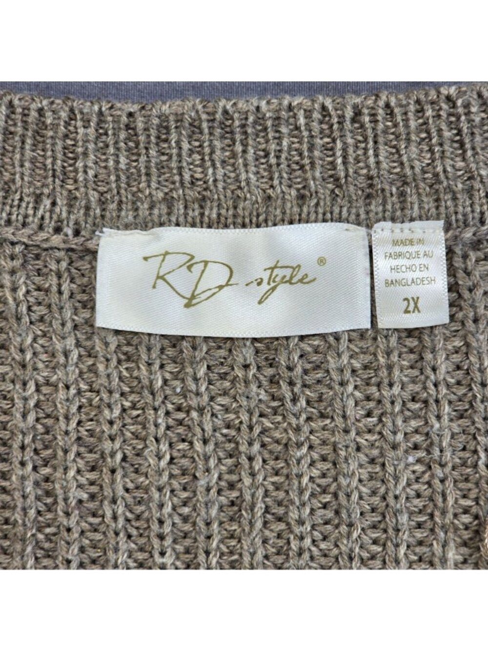 2X Ribbed Knit Sweater Taupe V Neck Long Sleeve Relaxed Basic Minimalist - Picture 2 of 4